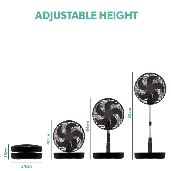 electriQ 12-inch Rechargeable Quiet Foldable DC Pedestal Fan - Indoor & Outdoor - Black - Image 4