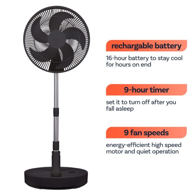 electriQ 12-inch Rechargeable Quiet Foldable DC Pedestal Fan - Indoor & Outdoor - Black - Image 5