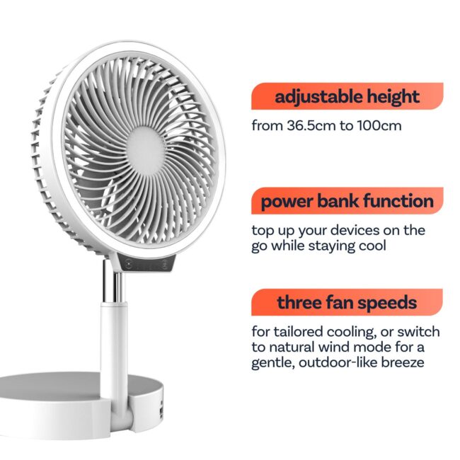 electriQ 6 inch Rechargeable and Foldable Quiet DC Fan with LED Light - Indoor or Outdoor - Image 8