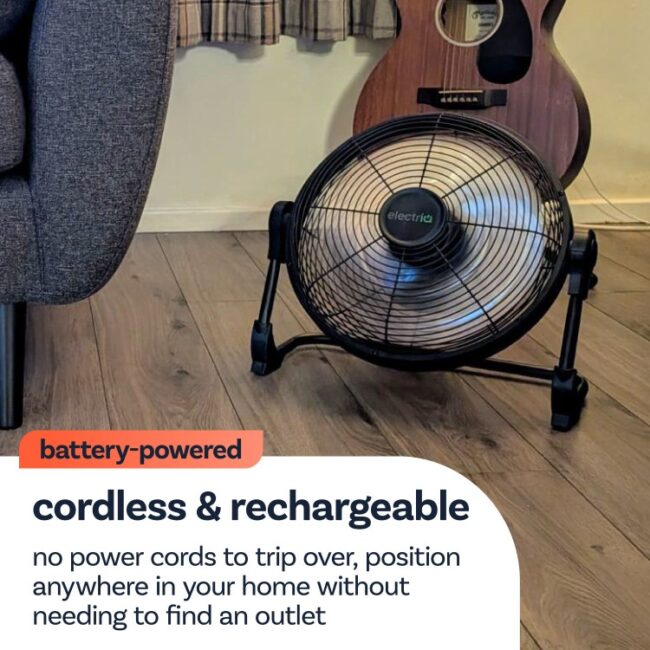 electriQ 12-inch Rechargeable Metal Body Quiet DC Floor Fan - Indoor & Outdoor Use - Black - Image 3
