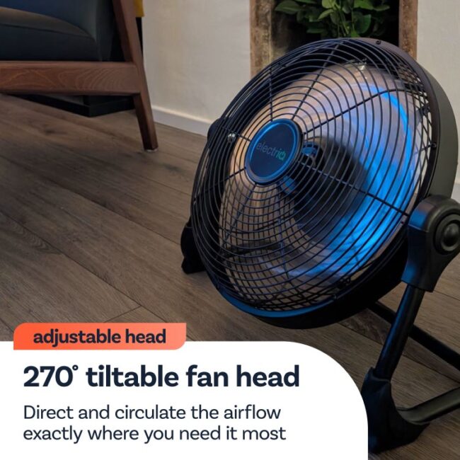 electriQ 12-inch Rechargeable Metal Body Quiet DC Floor Fan - Indoor & Outdoor Use - Black - Image 5
