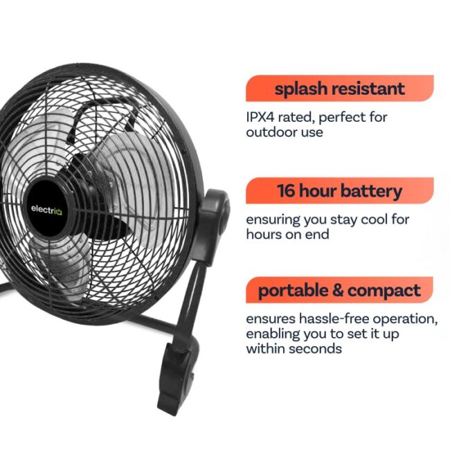 electriQ 12-inch Rechargeable Metal Body Quiet DC Floor Fan - Indoor & Outdoor Use - Black - Image 7